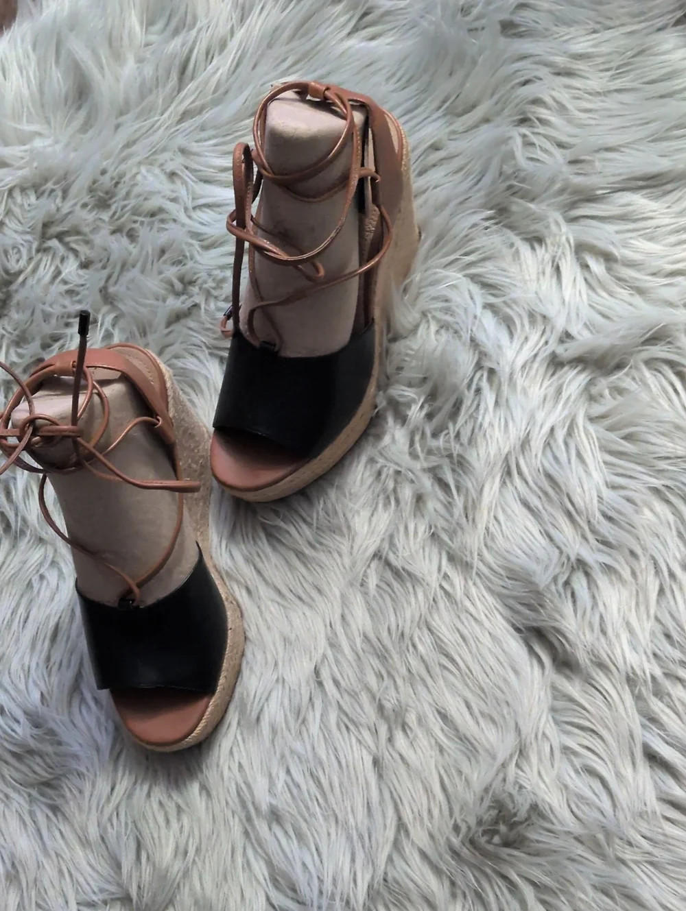 COACH Women's Black & Tan Leather Espadrille Wedge Sandals